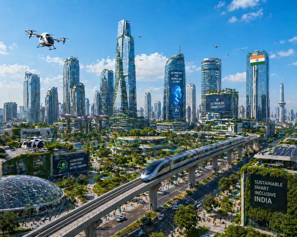 Bright blue sky ke niche integrated green spaces aur high-tech infrastructure ke saath India ke smart city ki futuristic skyline.