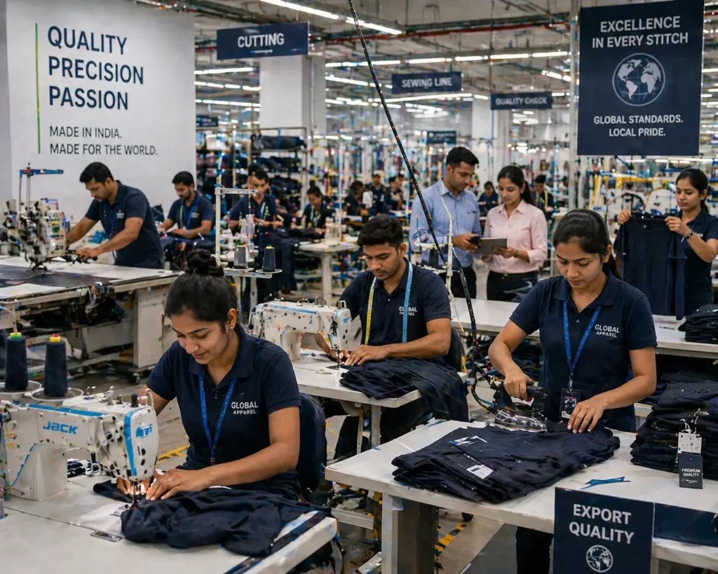Ek bustling small-scale garment factory jahan workers high-quality export goods produce karne ke liye modern machinery ka use kar rahe hain.