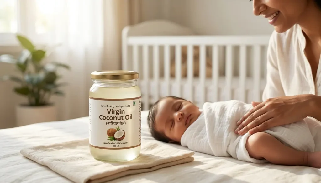 Virgin coconut oil bottle for newborn baby massage in summer.