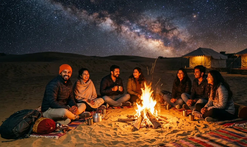 Group of friends enjoying a bonfire under Jaisalmer stars.