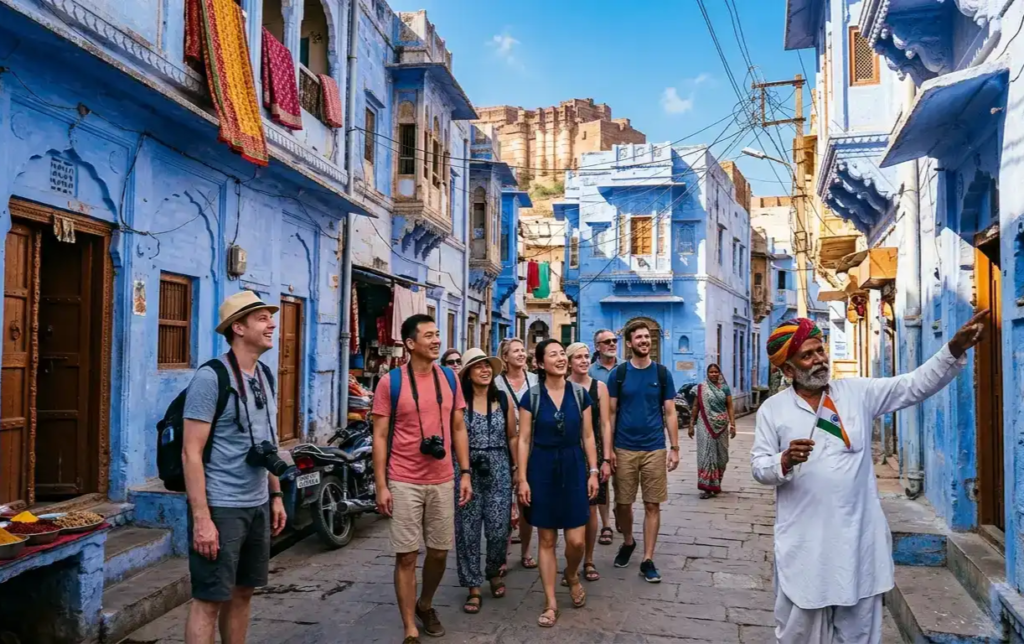 Tourists exploring blue streets of Jodhpur on a walking tour.