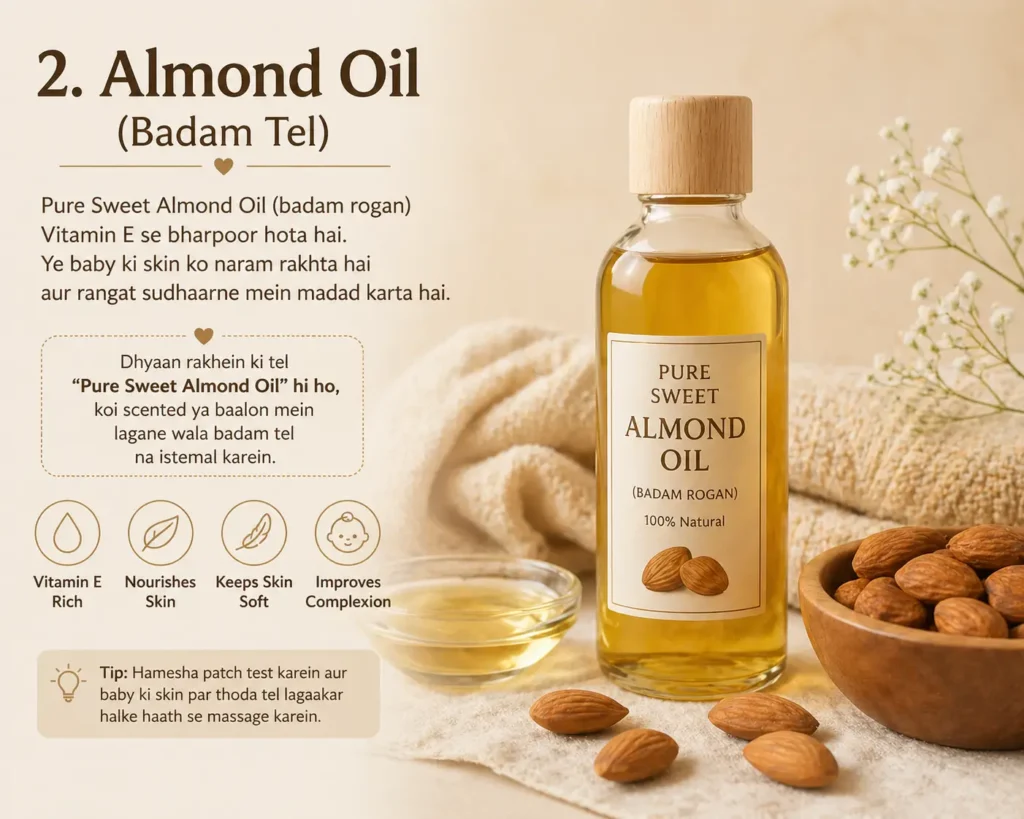 Pure sweet almond oil (Badam Rogan) bottle and a bowl of almonds on a wooden table for newborn baby skin care.