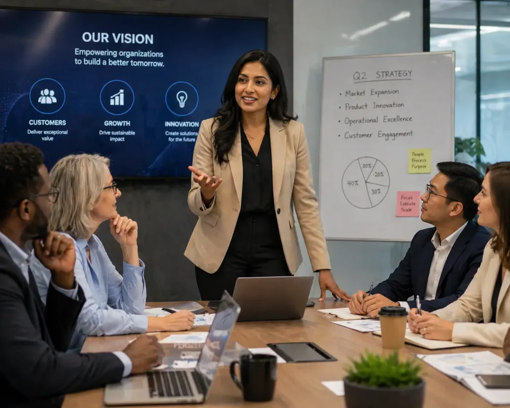 Professionals ki diverse team ke saath boardroom meeting ko lead karti huyi ek confident Indian woman entrepreneur.