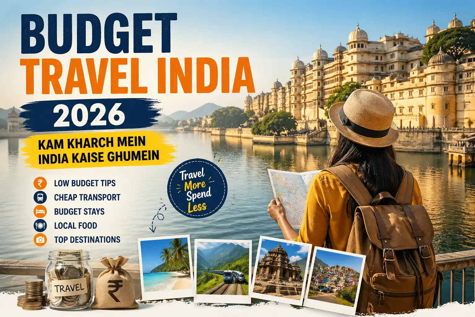 Budget Travel India 2026 poster showing a traveler with backpack looking at a lake and palace, with tips like cheap transport, budget stays, and local food for low-cost travel in India.