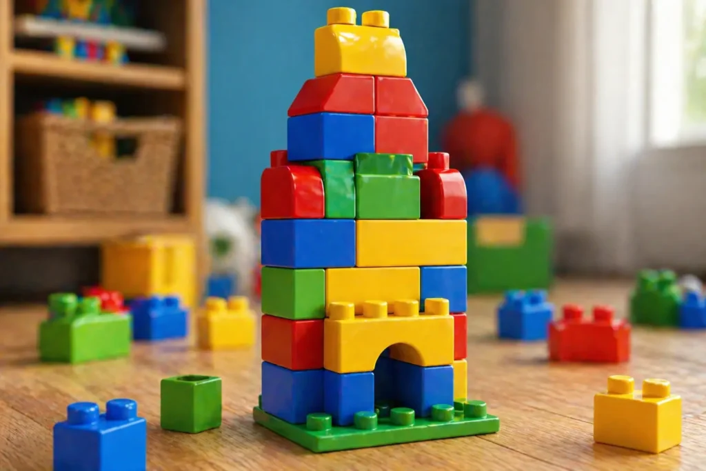 Bright primary colored building blocks for cognitive child development.