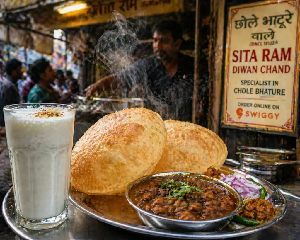 Authentic Indian street food Chole Bhature on a plate.