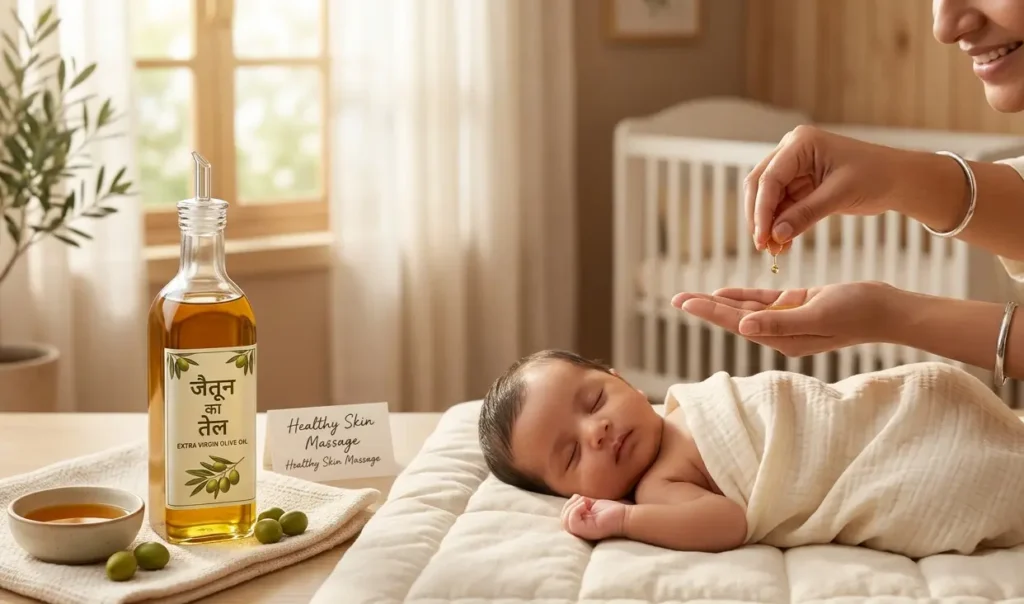 Extra virgin olive oil bottle for healthy skin massage of a newborn.
