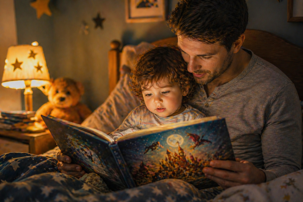 Father and child reading a colorful storybook for language skills.
