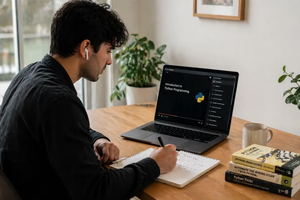 Freelancer learning new skills online through tutorials on laptop