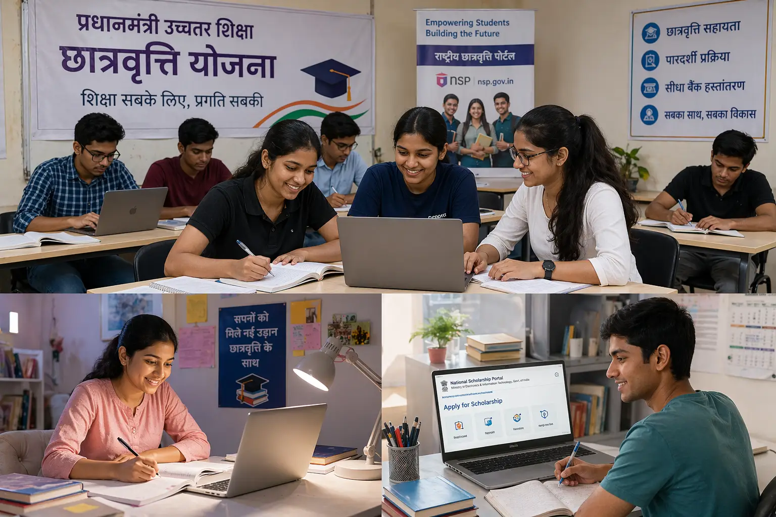 फ्री स्कॉलरशिप योजनाएं 2026 छात्रों के लिए ऑनलाइन आवेदन और पढ़ाई करते छात्र