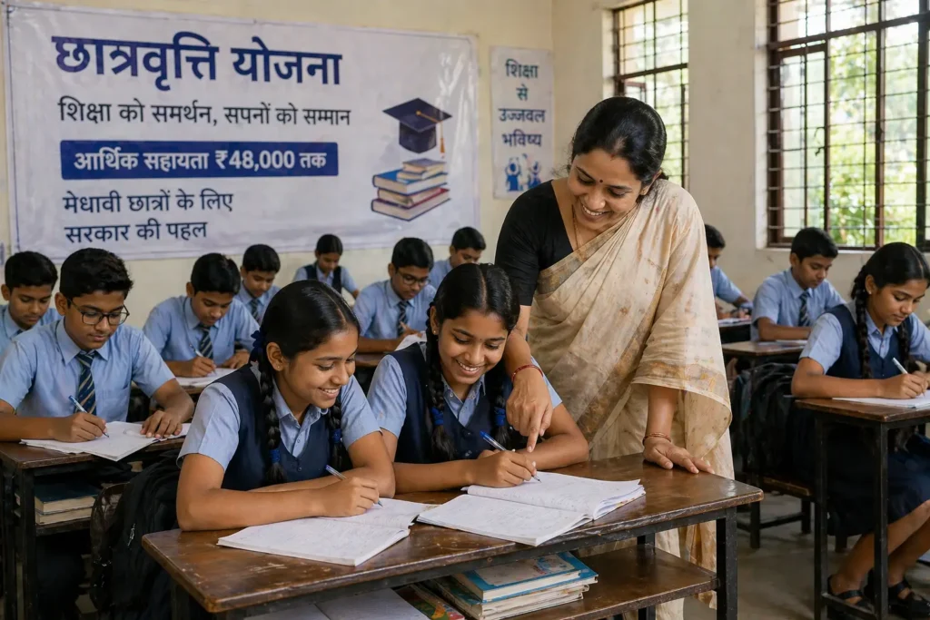 छात्रों के लिए फ्री स्कॉलरशिप 2026 स्कूल छात्र पढ़ाई करते हुए