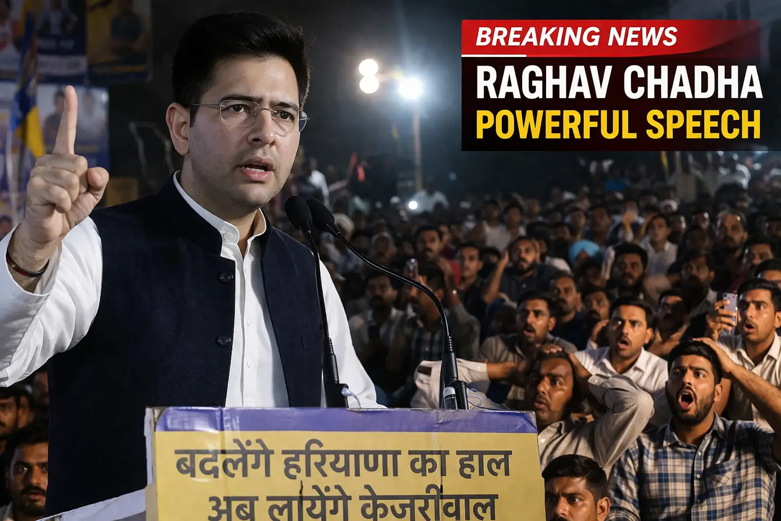 Raghav Chadha addressing crowd with shocked reactions during political shift news