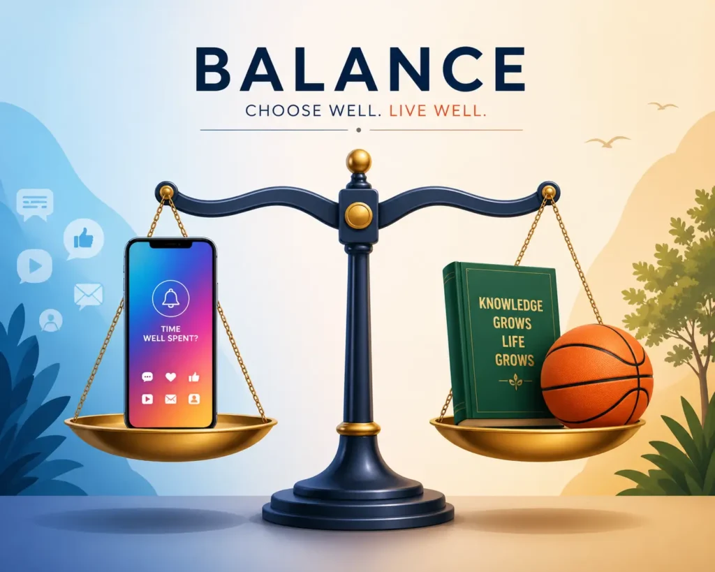 Digital illustration of a scale balancing a smartphone and a physical book.