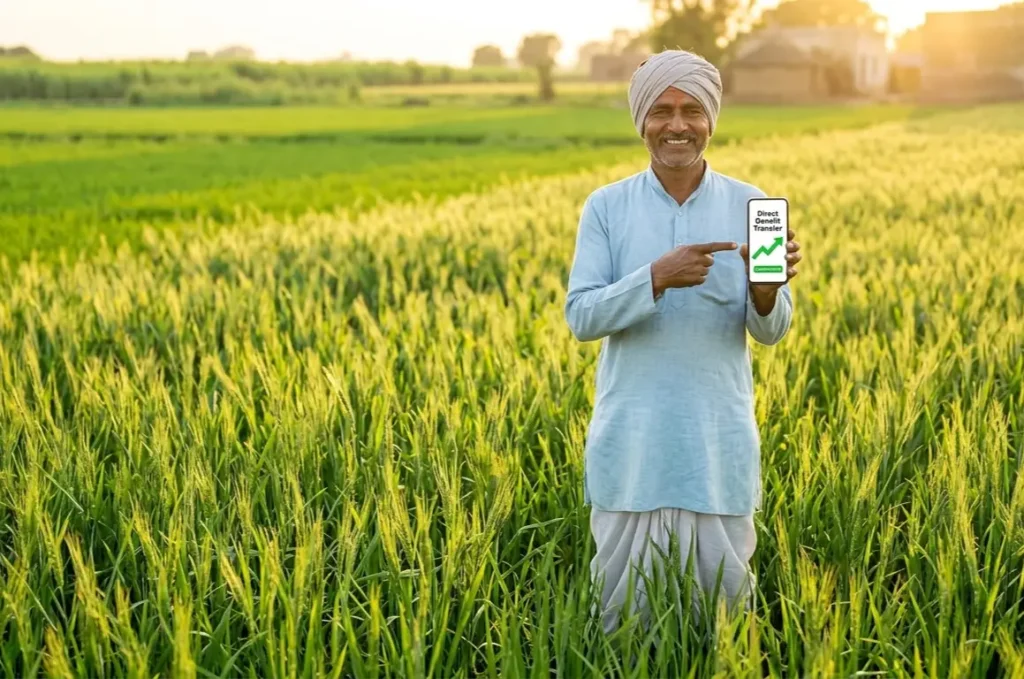 A happy Indian farmer in a green field checking his mobile phone for PM-Kisan installment credit notification during sunset.
