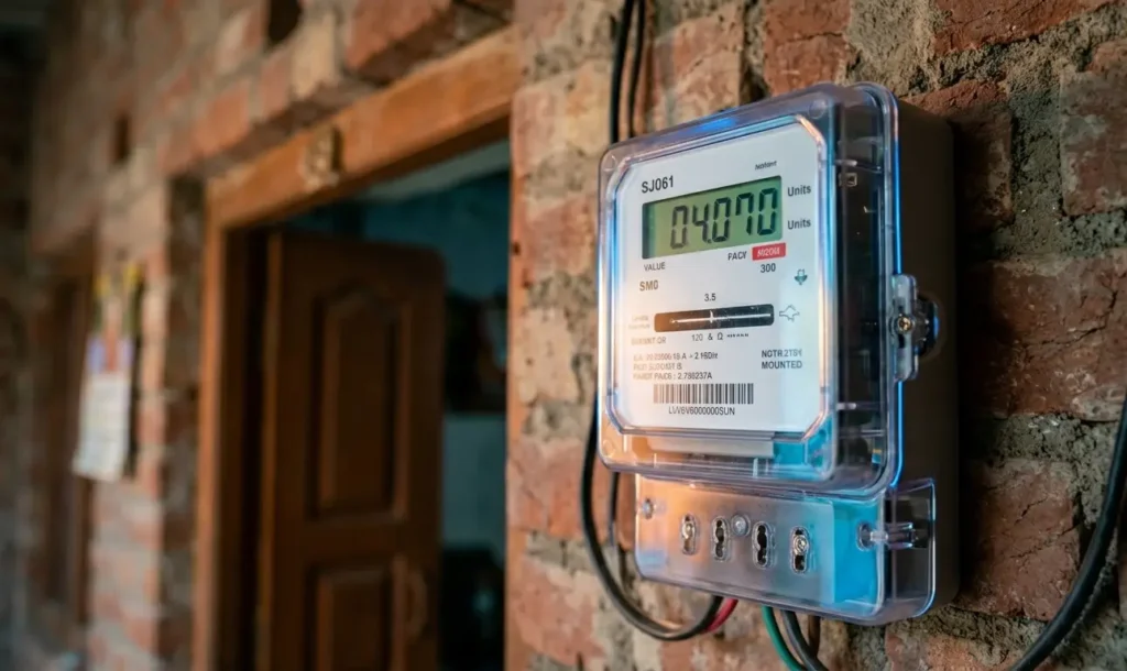 Digital smart electricity meter on a house wall in Bihar showing unit reading.