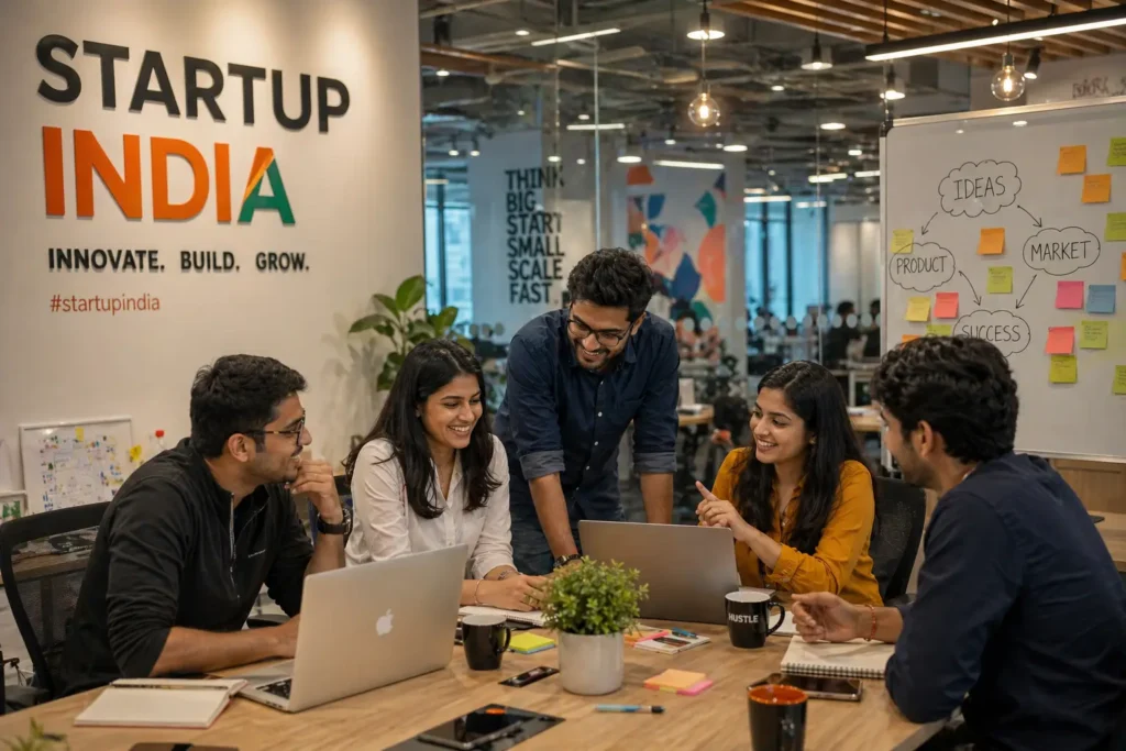 Naye Jobs Aur Startup Plans Ka Vision. (Ek wide office hub jahan brainstorm ho raha hai).