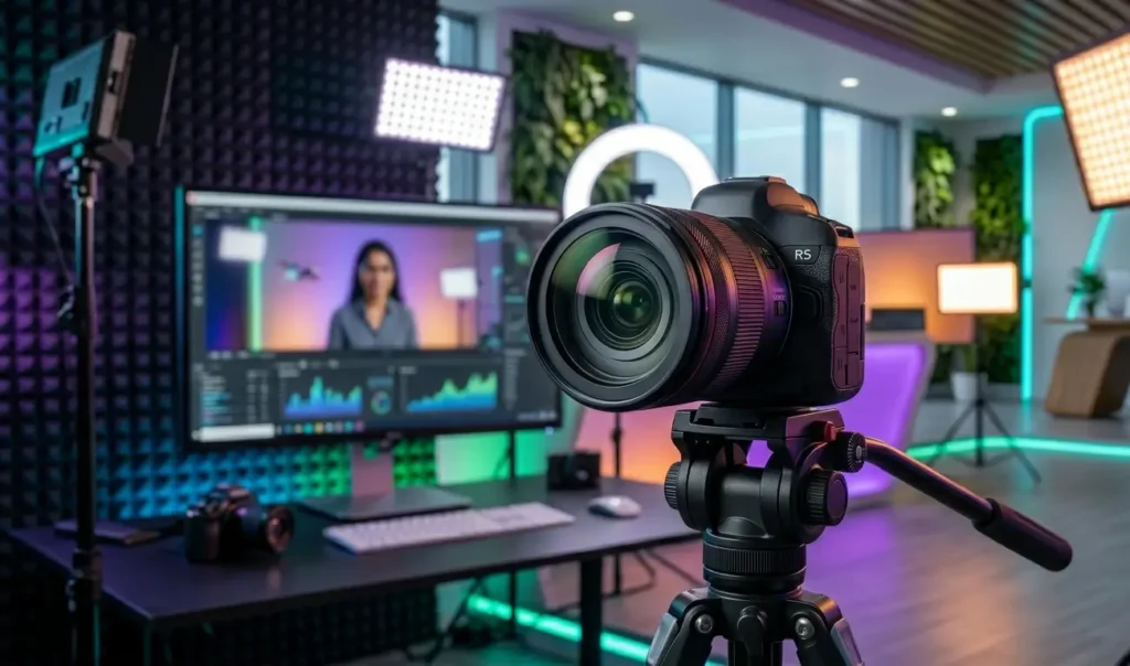 Professional camera and lighting setup for digital content creation.