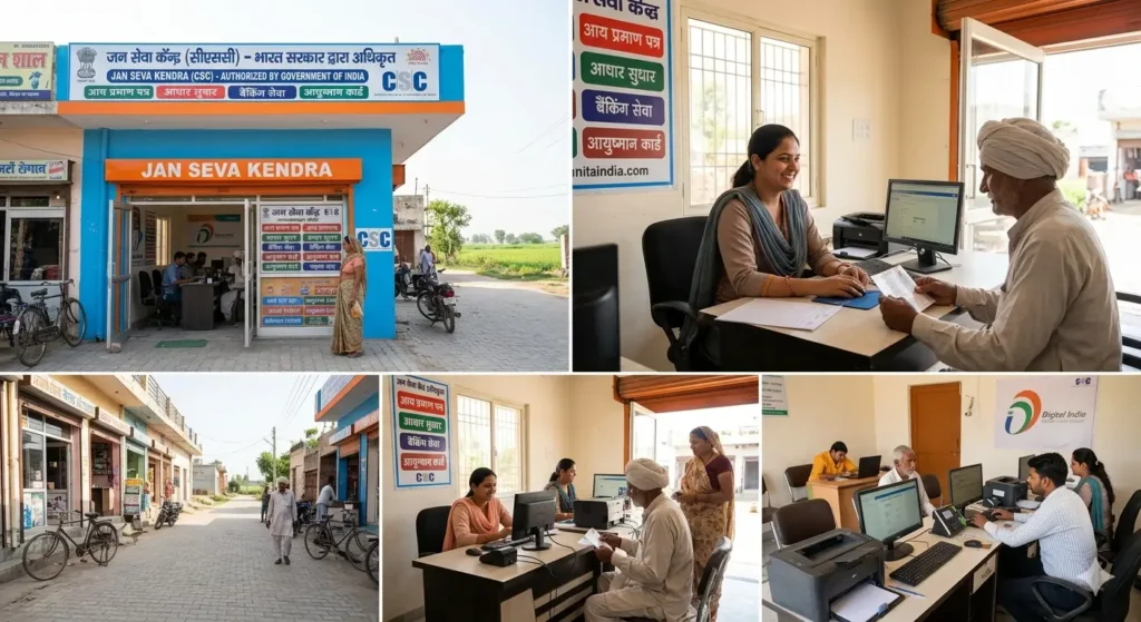 जन सेवा केंद्र में नागरिक ऑनलाइन सरकारी सेवाएं लेते हुए, CSC के माध्यम से डिजिटल सेवाओं की सुविधा