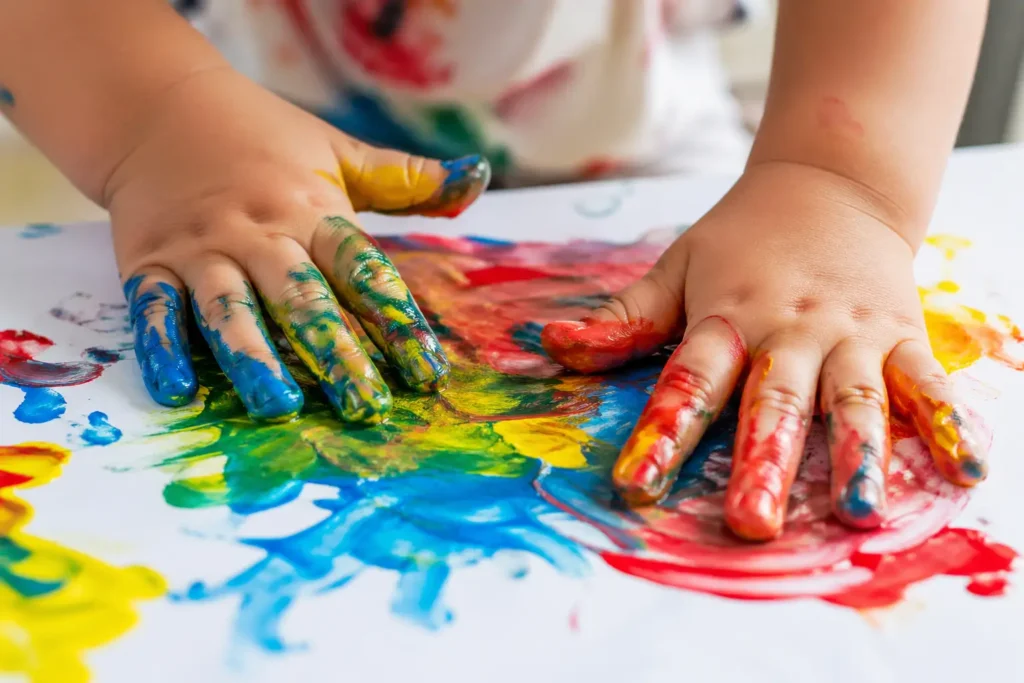 Close-up of toddler hands finger painting on white paper for creative development.