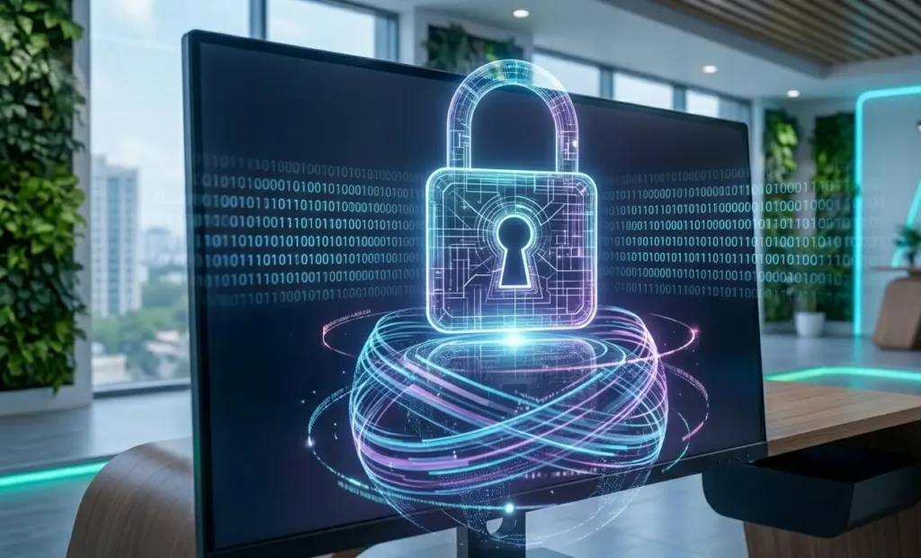 Glowing digital padlock icon representing cybersecurity and data protection.