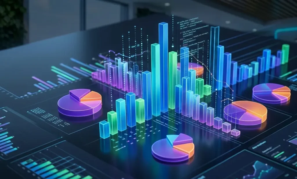 3D data visualization charts and graphs for business analytics.