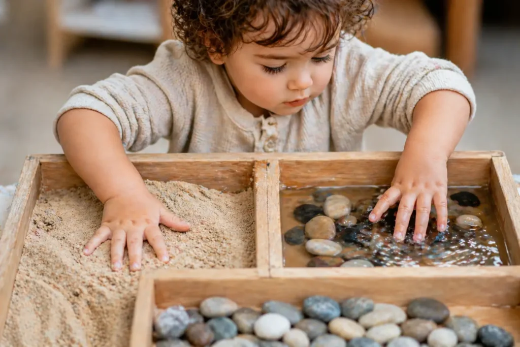 Child exploring textures like sand and stones for sensory development.