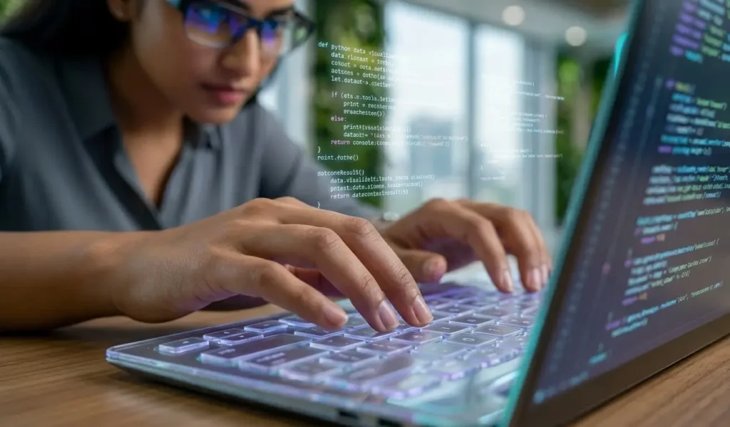 Professional typing on a keyboard with holographic digital code effects.