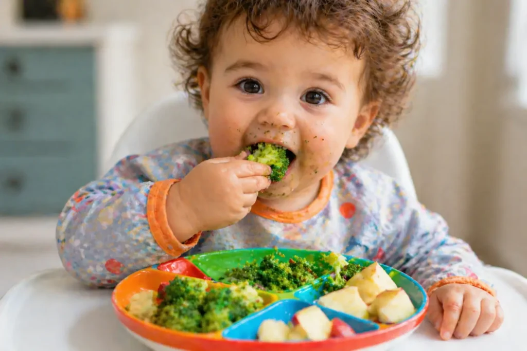 Healthy meal of fruits and vegetables on a colorful plate for child nutrition.