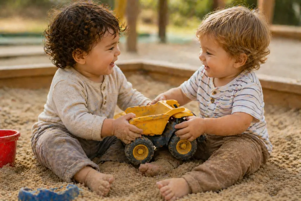Two toddlers playing and sharing toys to learn social skills.