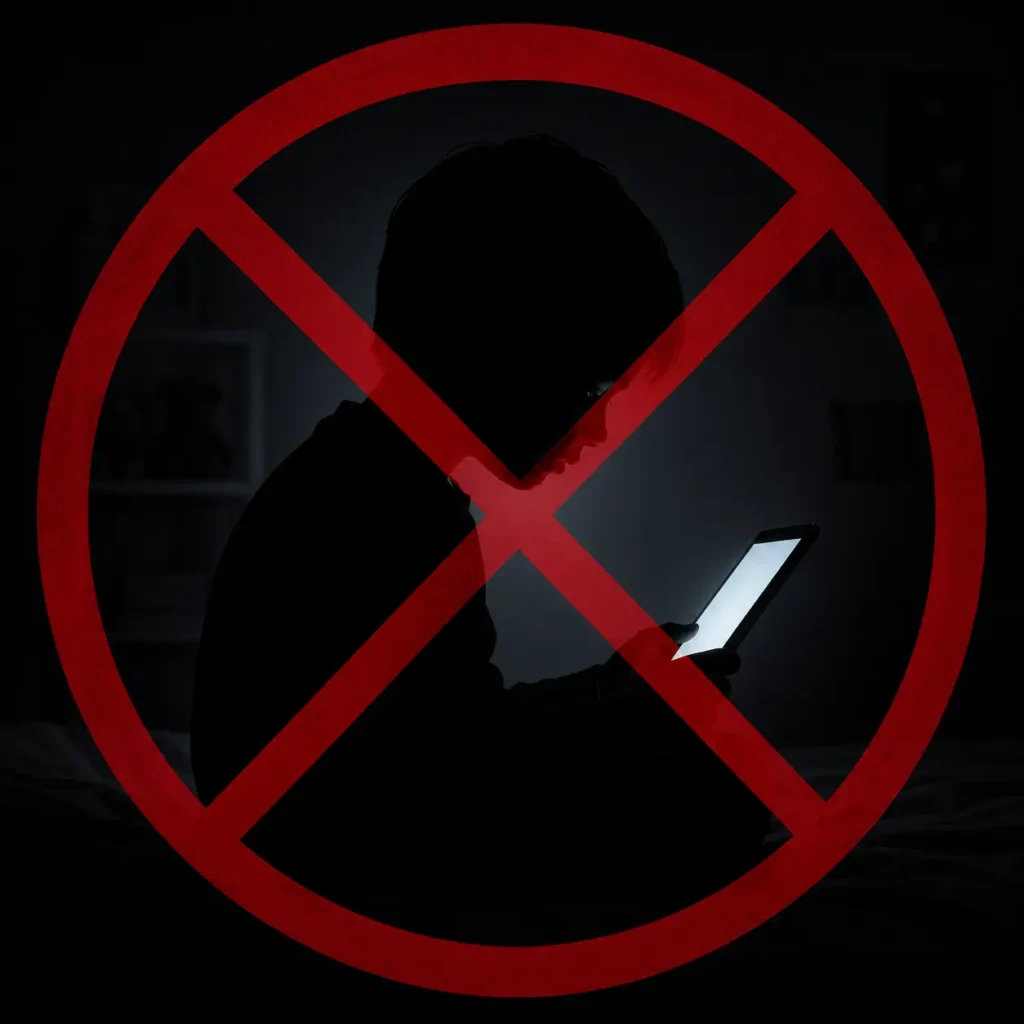Silhouette of child watching screen with warning symbol for limited screen time.