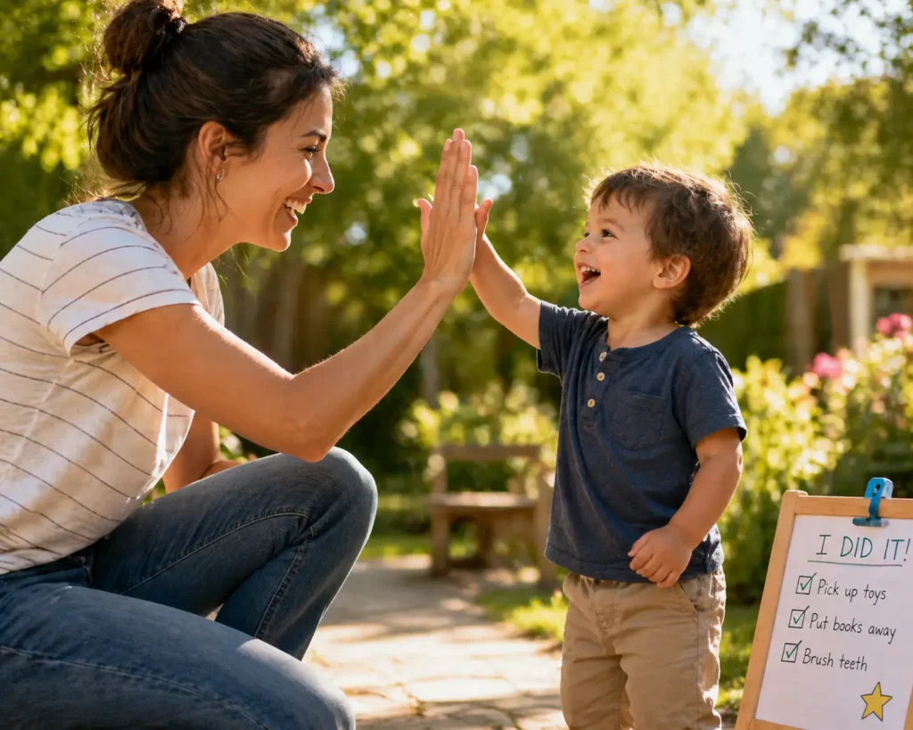 Mother and toddler doing high-five for positive reinforcement and encouragement.