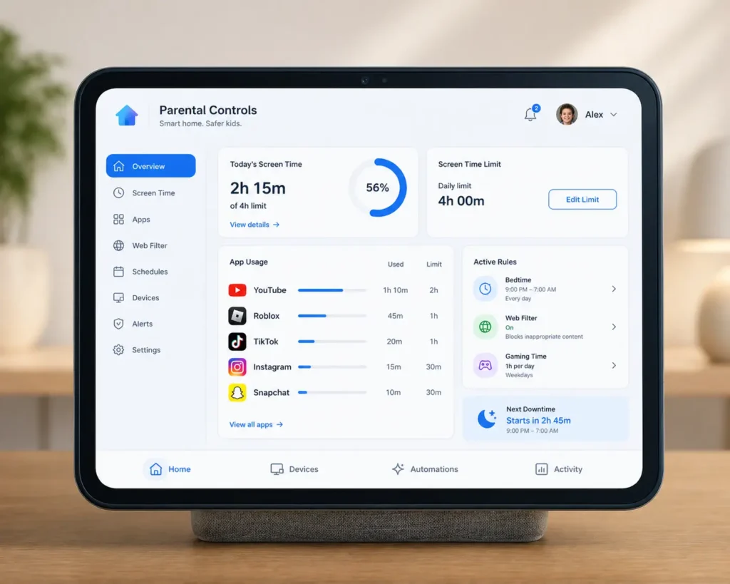 Parental control dashboard on a smart device showing app time limits.