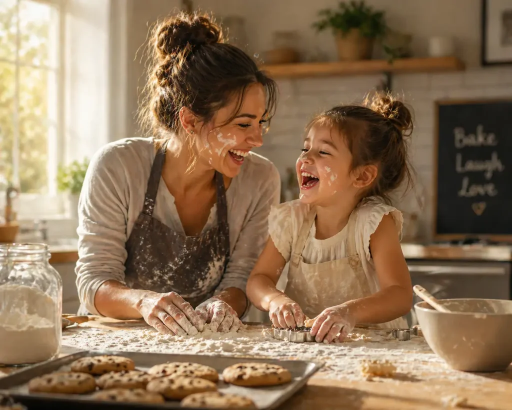 Mother and young daughter laughing while baking together in a sunny kitchen.