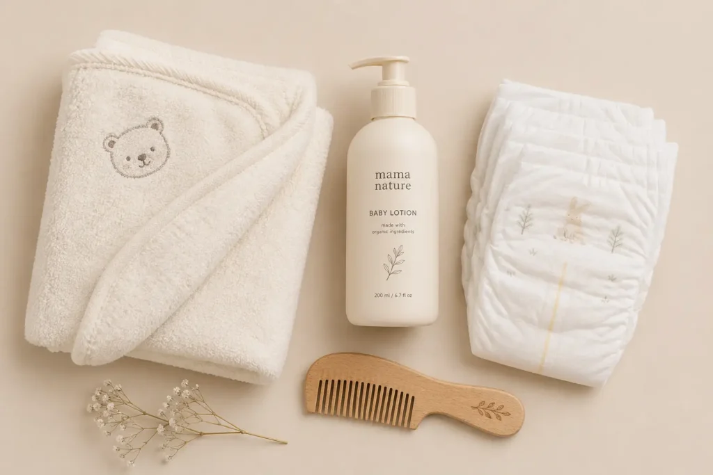 Flat lay of newborn baby care essentials like lotion, diapers, and towels.newborn baby care tips, naye janme bacche ki dekhbhaal, baby care tips for new parents, newborn care guide, infant care tips, newborn baby care in Hindi