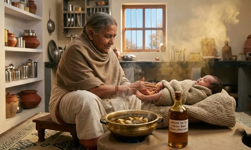 Mustard oil blend with garlic and carom seeds for baby massage in North India.