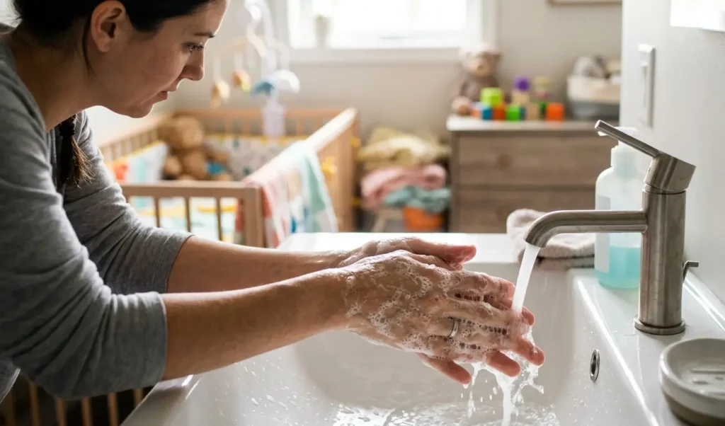 Person washing hands with soap before touching a newborn baby for hygiene