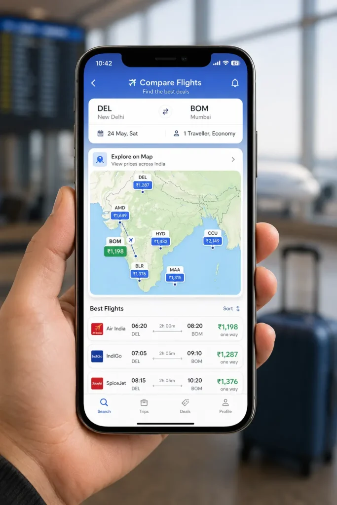 Mobile app showing cheap flight prices for India travel.