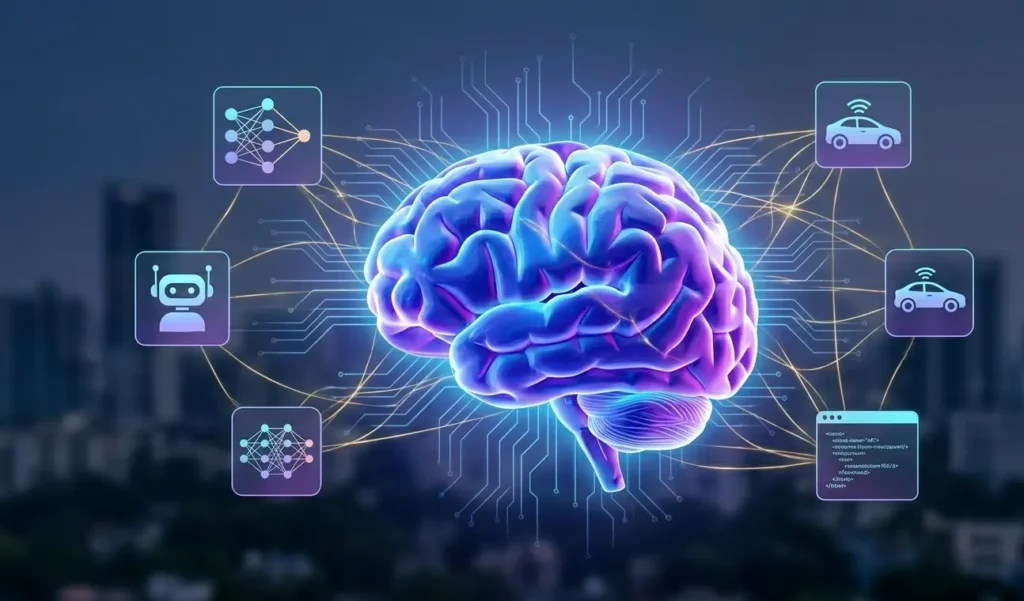 Conceptual digital art of a human brain integrated with AI circuits.