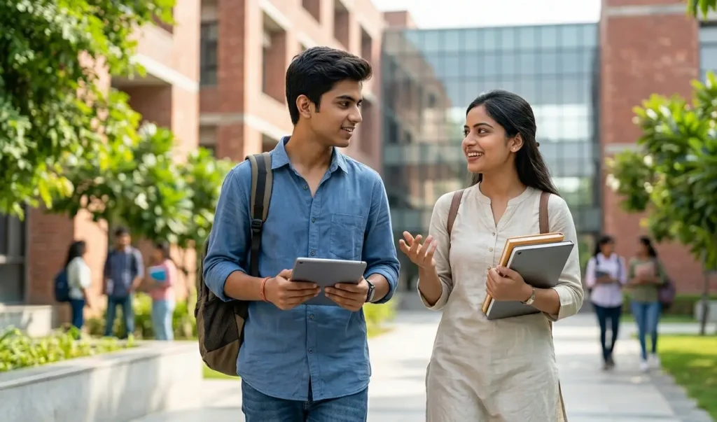 Indian boy and girl students walking together on a bright university campus with books and tablets representing scholarship opportunities.