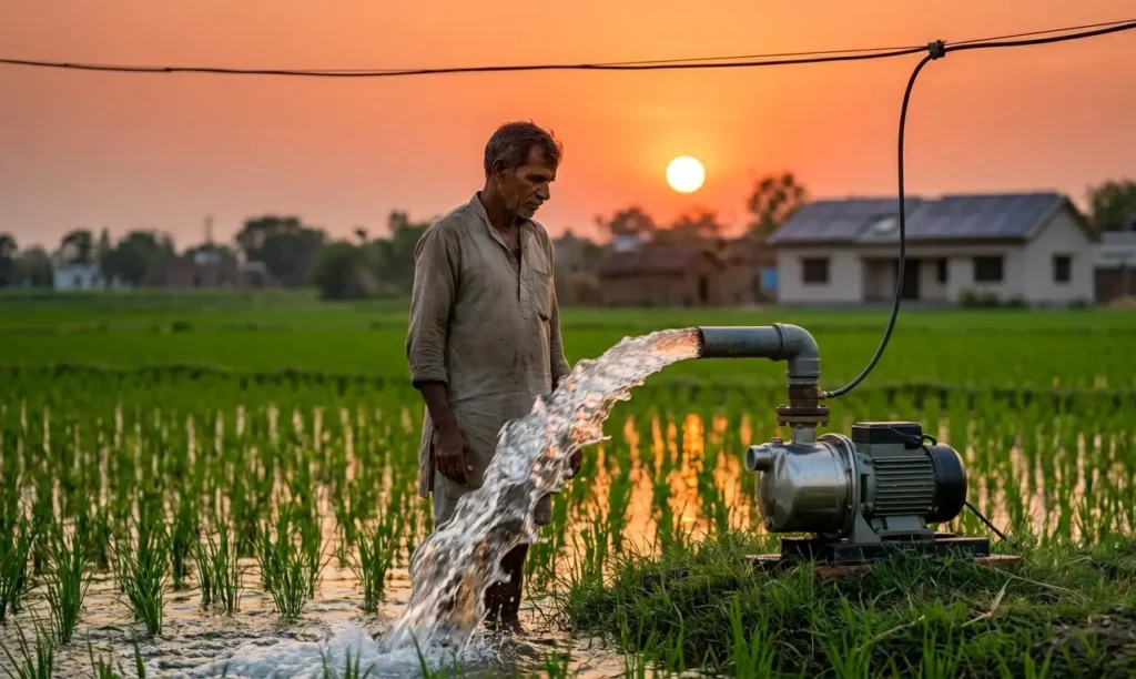 Electric irrigation pump in Bihar farm fields with a farmer.