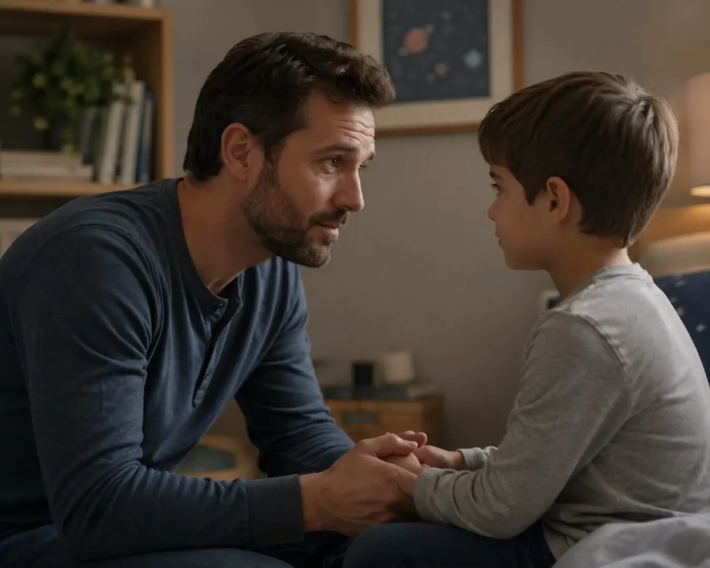 : Father having a supportive heart-to-heart talk with his young son at eye level.