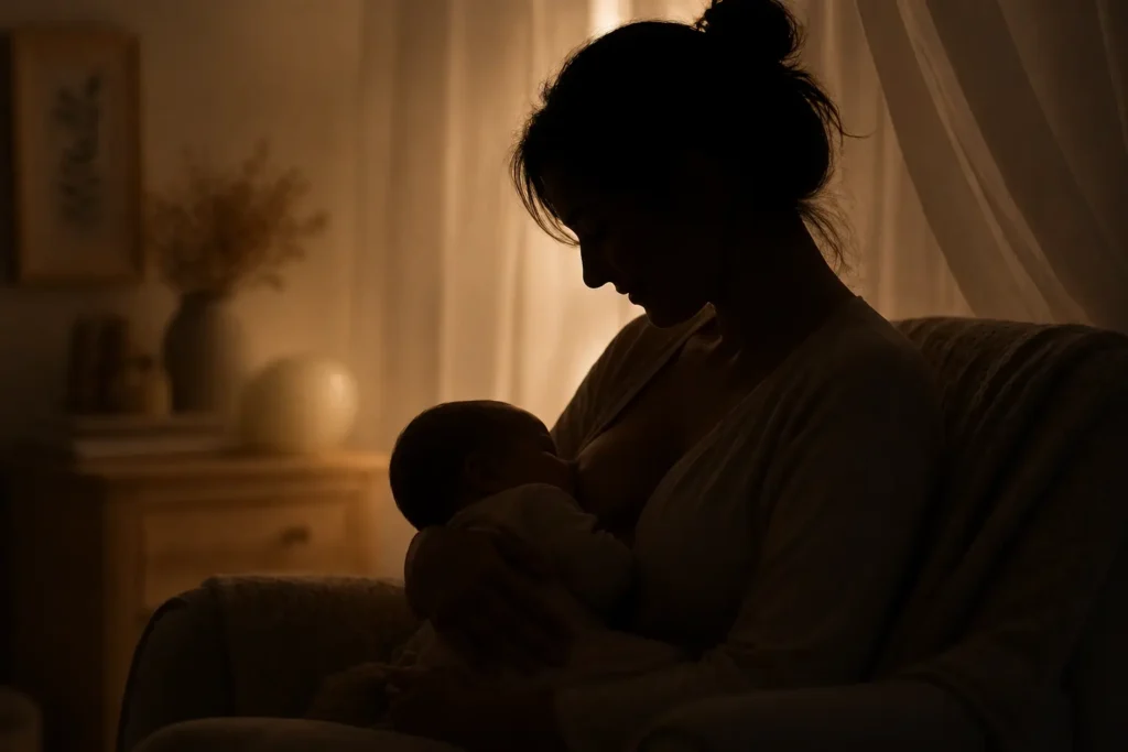 Emotional silhouette of a mother breastfeeding her newborn baby in a cozy room.