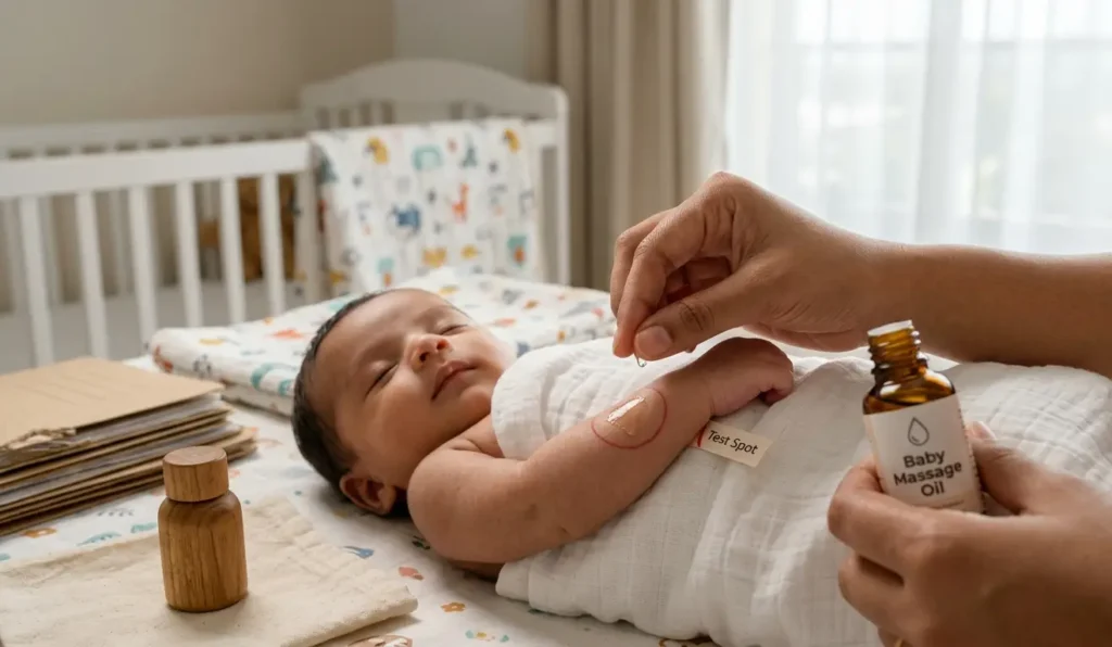 Demonstration of a skin patch test on a baby's arm before using massage oil