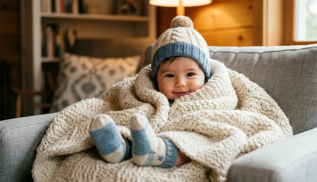 Baby wearing woolen cap and socks for temperature control in winter.