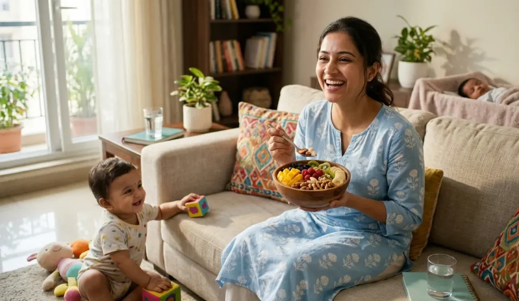 Healthy mother eating a bowl of fresh fruits and nuts for post-pregnancy recovery.