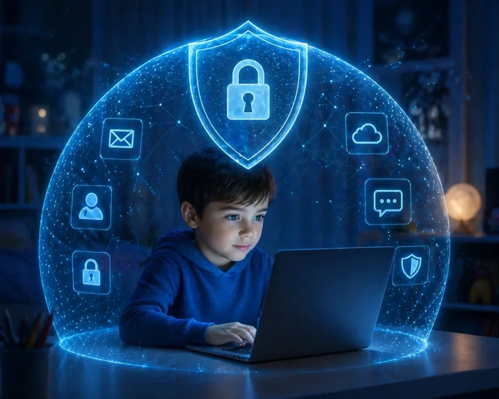 Visual representation of digital security shield protecting a child on a laptop.