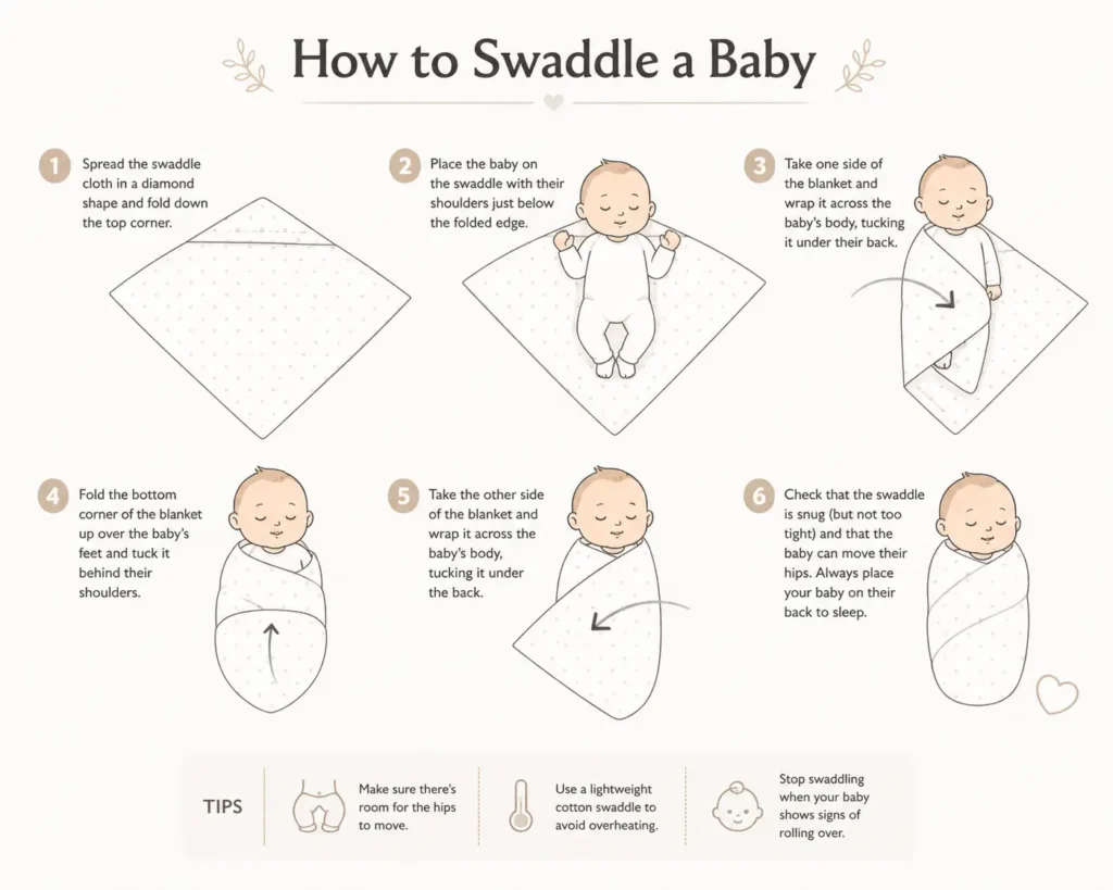 Educational graphic showing the correct way to swaddle a newborn baby.