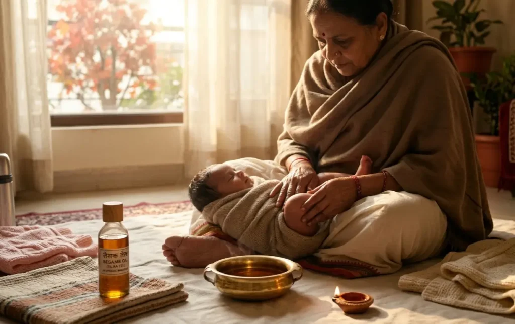 Traditional sesame oil massage for baby's bone strength in winter.