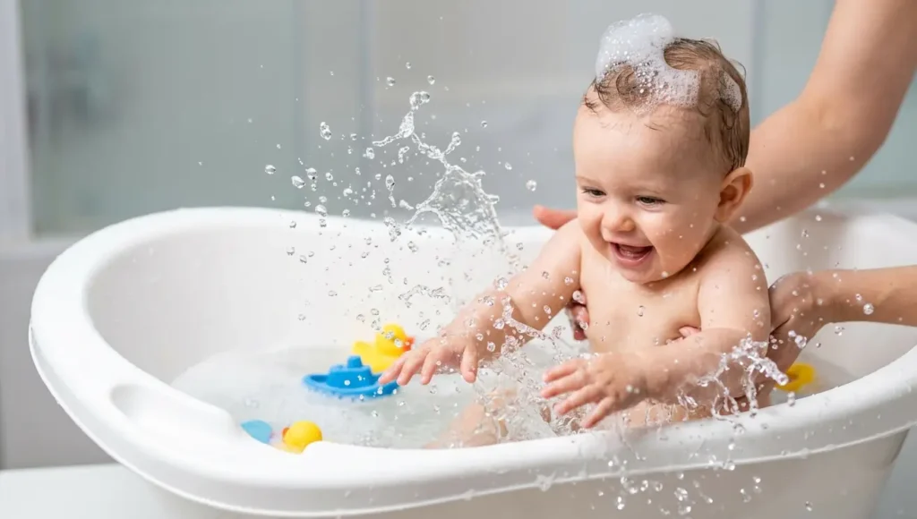 newborn baby enjoying a lukewarm water bath in a small tub.