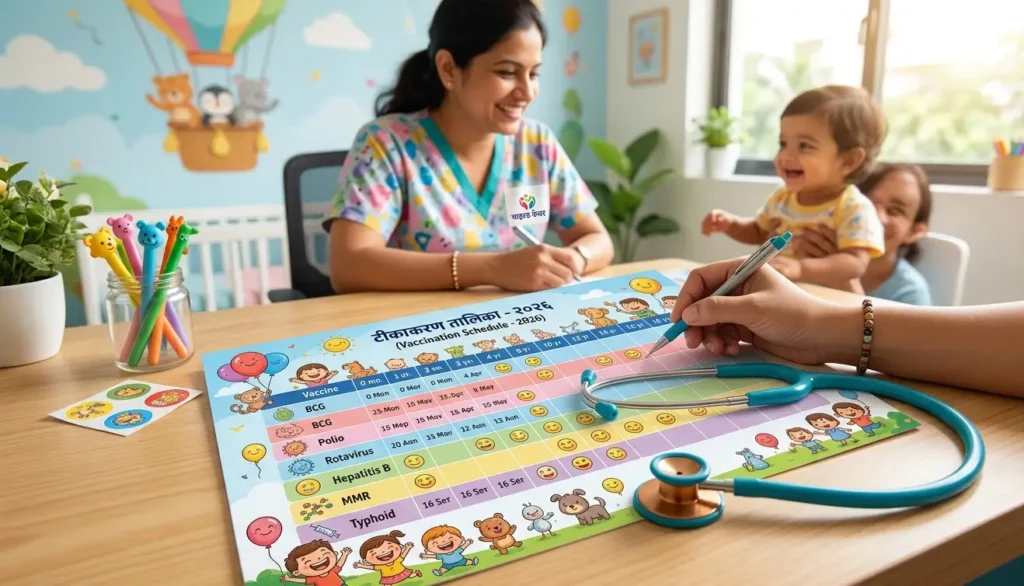 Colorful baby vaccination schedule chart and stethoscope on a doctor's desk.